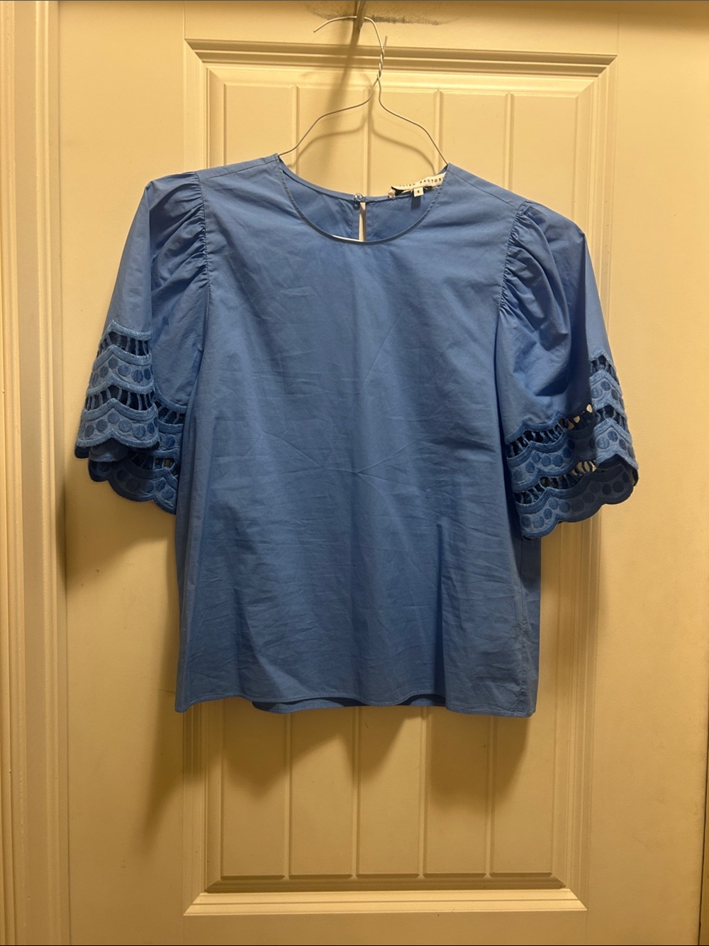 English Factory S Blue Lace-Trim Puff Sleeve Top